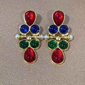 Vintage KOVONCHY Red, blue, and clearly drop earrings. Cabachon. Stamped.